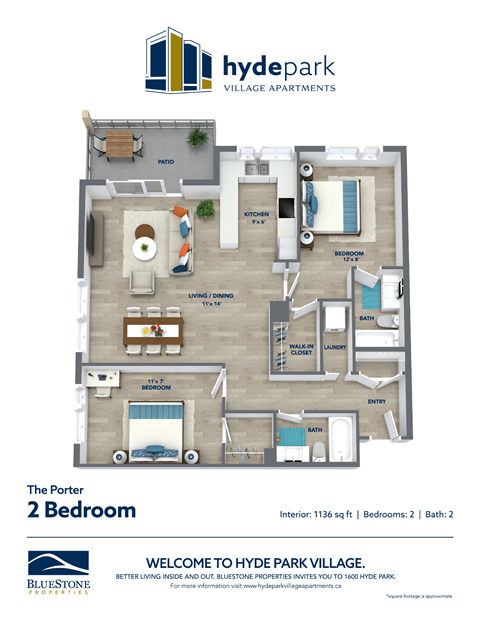 Floor plan for 2 beds, 2 baths, 1136 sqft